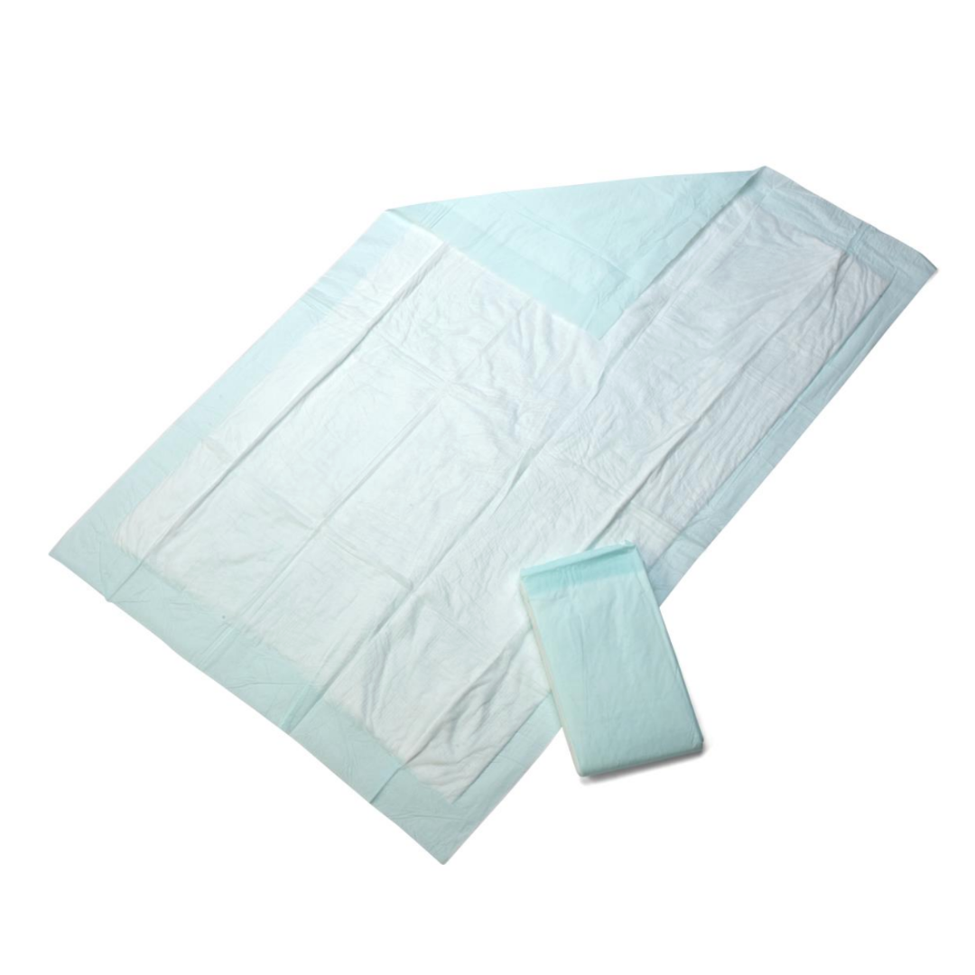 The Medline Protection Plus Disposable Underpads are large, rectangular pads with a light blue border and white absorbent center, shown laid flat with one folded beside it on a plain white background. View specifications or watch videos for more info.
